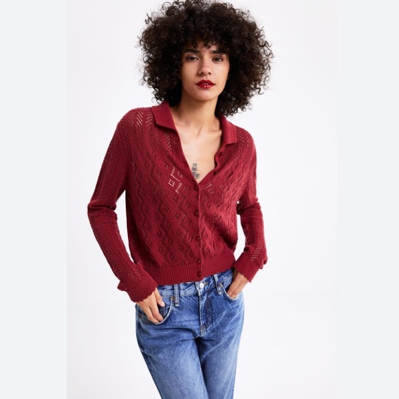 Zara | Collared Red Cardigan Size Medium - Picture 1 of 7
